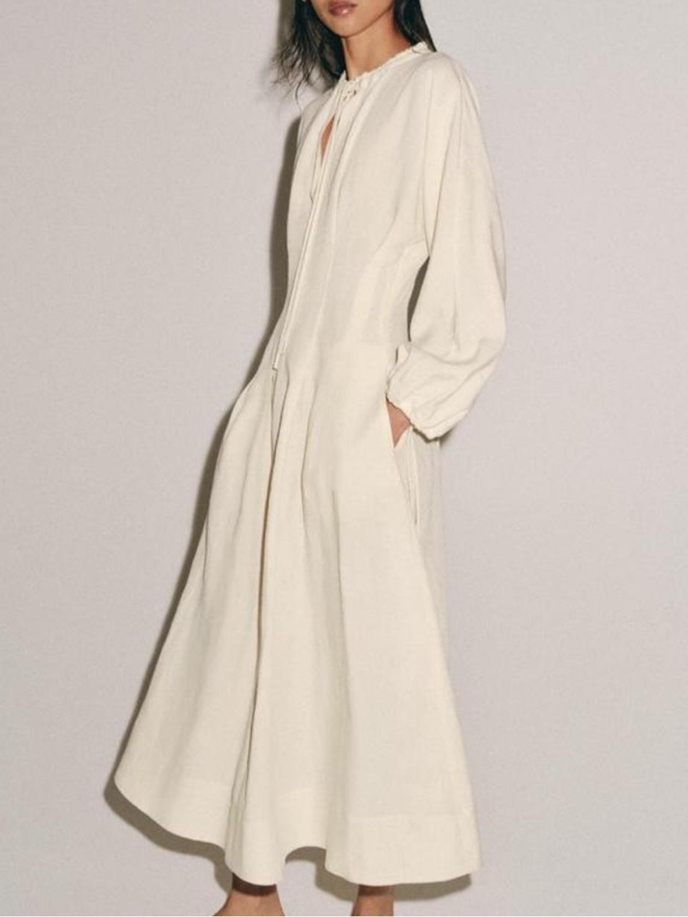 Zara Cream Maxi Tie-Neck Long Sleeve Dress